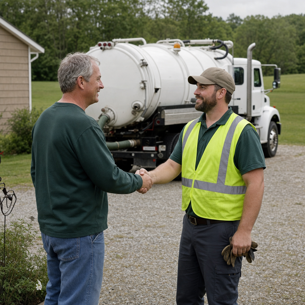 A septic technician shaking a Cicero homeowner's hand beside the service truck after a completed pump-out