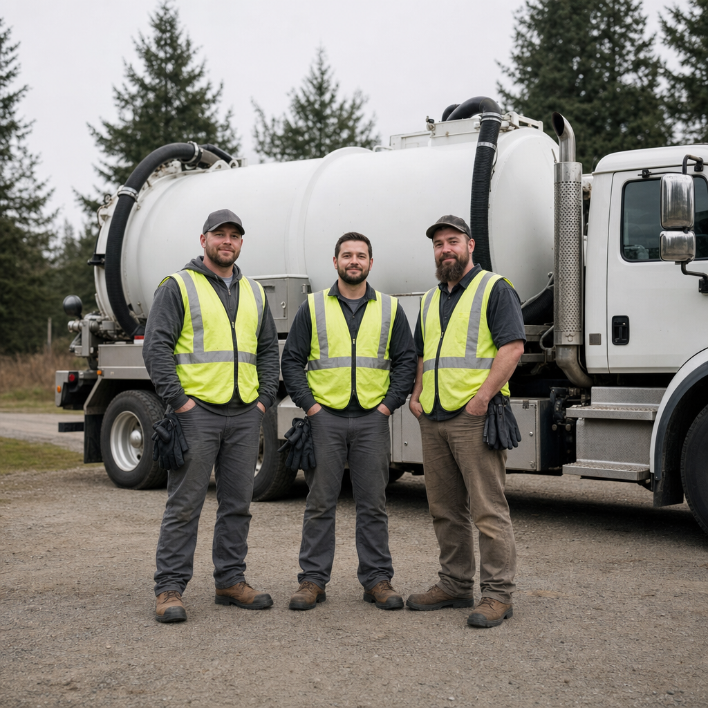 The Cicero septic pumping crew standing together beside their clean white vacuum truck on a residential street
