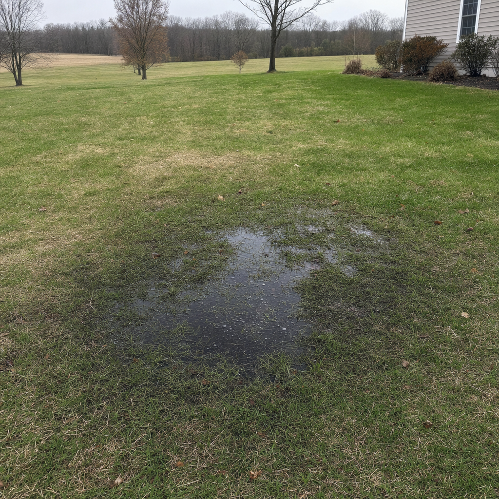 A dark, saturated wet spot in a Cicero backyard lawn marking a failing cesspool at capacity