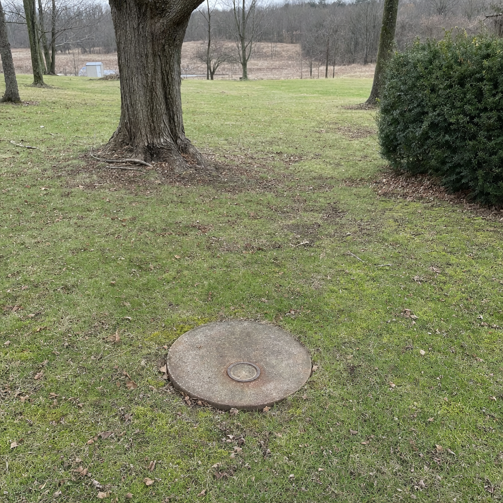 An older round cesspool access lid set flush in an established, mature Cicero backyard lawn