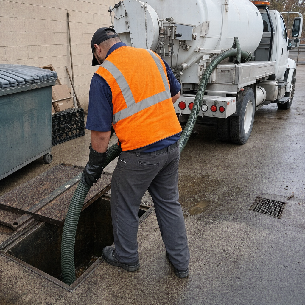 Technician pumping a grease trap behind a Cicero restaurant