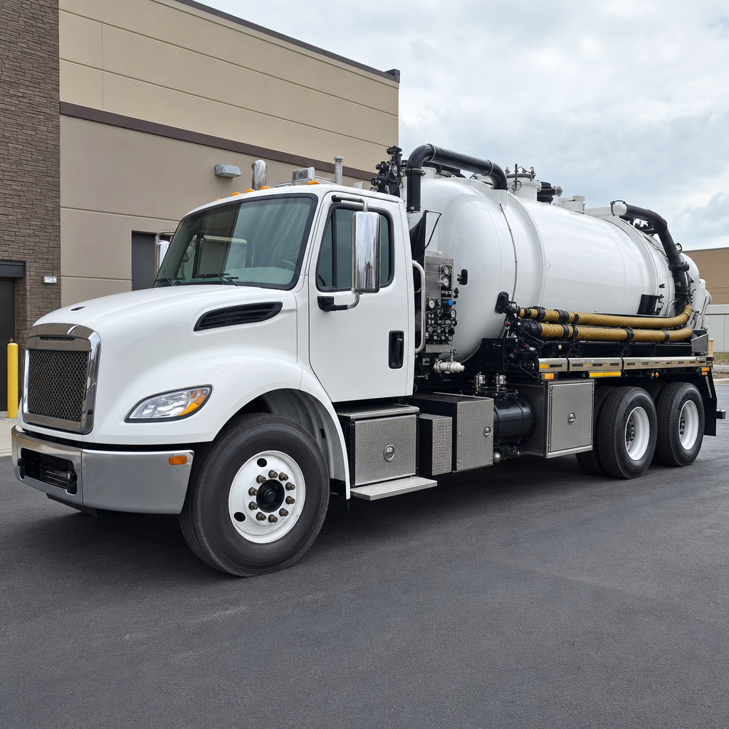 Commercial septic vacuum truck parked in a Cicero business parking lot