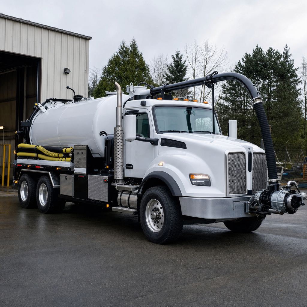 A clean white septic vacuum truck rolling out of a tidy Cicero service depot at the start of the day