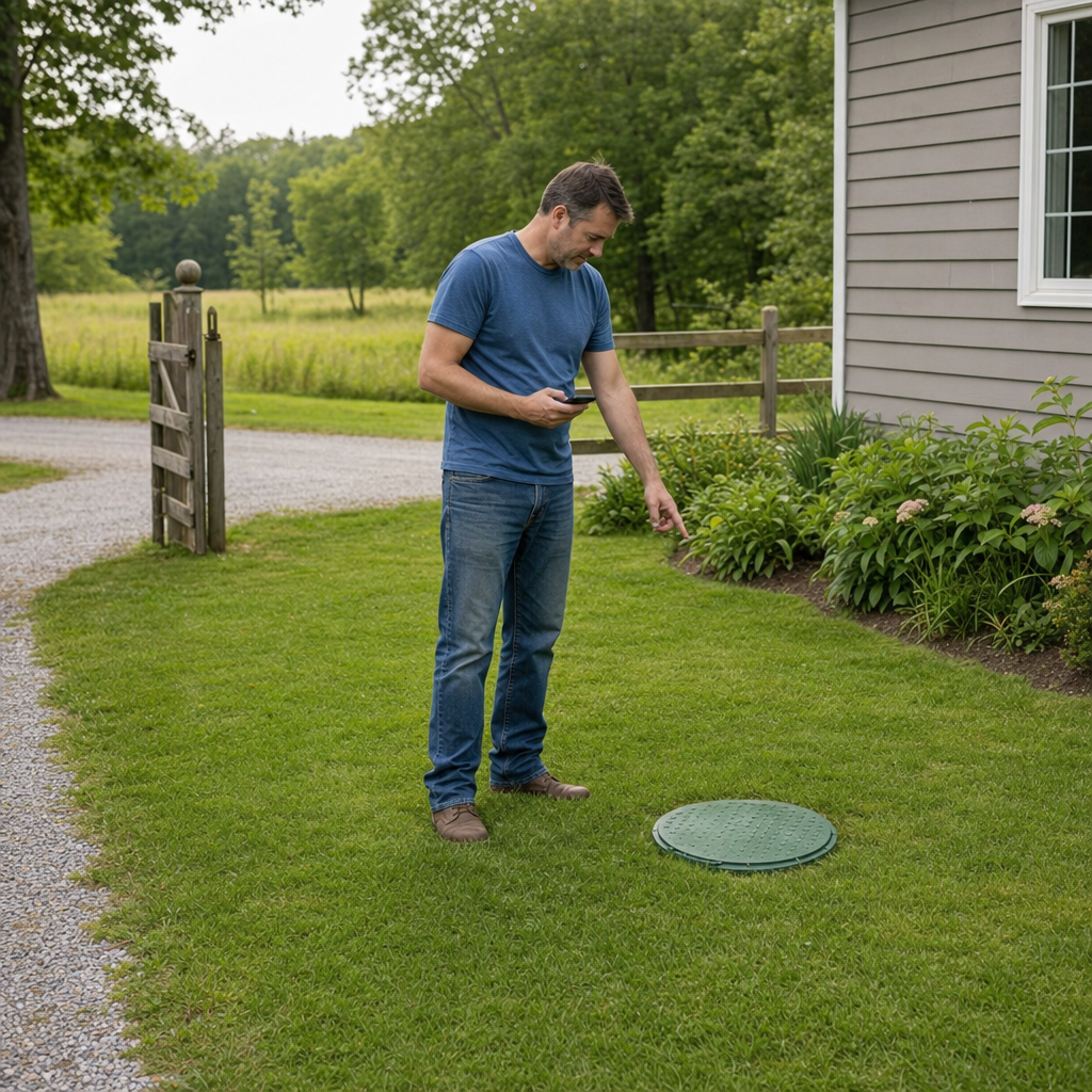 A Cicero-area homeowner standing in the backyard noting where the septic tank lid and access route are located
