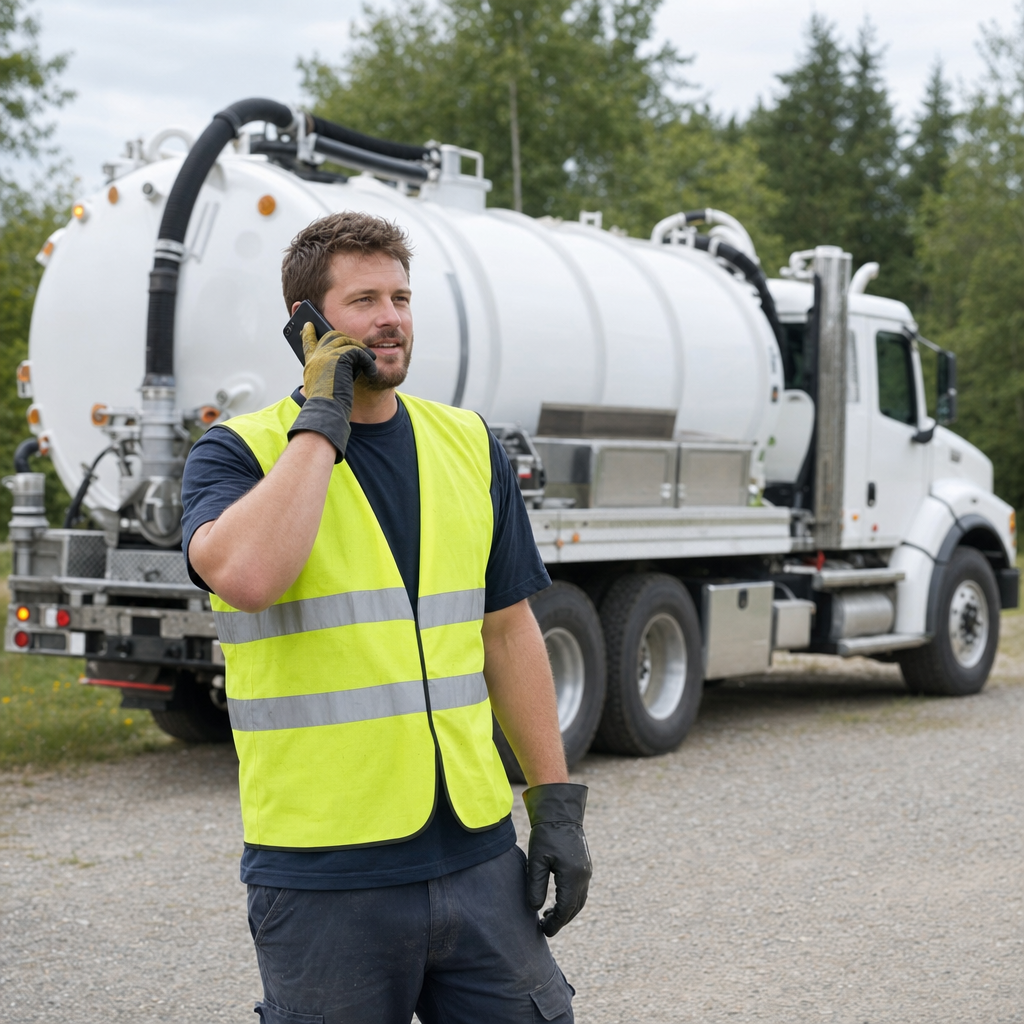 A friendly septic dispatcher holding a phone, ready to answer a Cicero homeowner's call about a pump-out