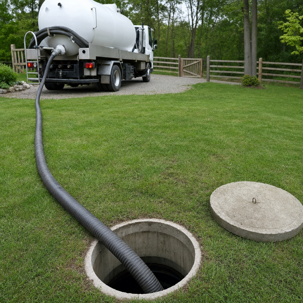 Suction hose connected to an open septic tank, drawing it down in a tidy Cicero yard