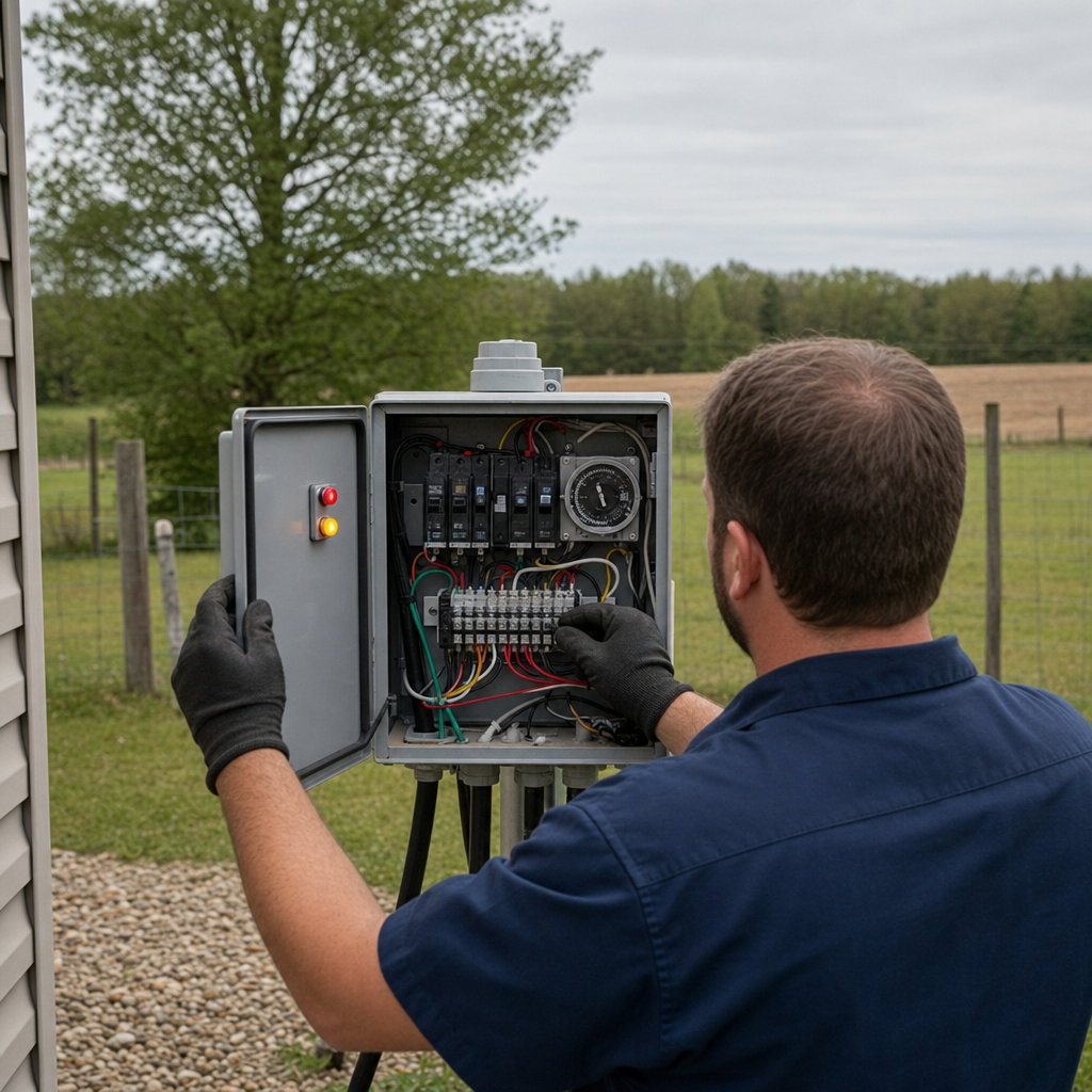Technician checking an aerobic septic control box with a lit red high-water alarm during a same-day Cicero visit