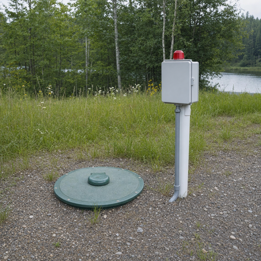 A wastewater holding tank access lid set in the ground at a rural Cicero-area cabin, with a mounted high-level float alarm panel nearby