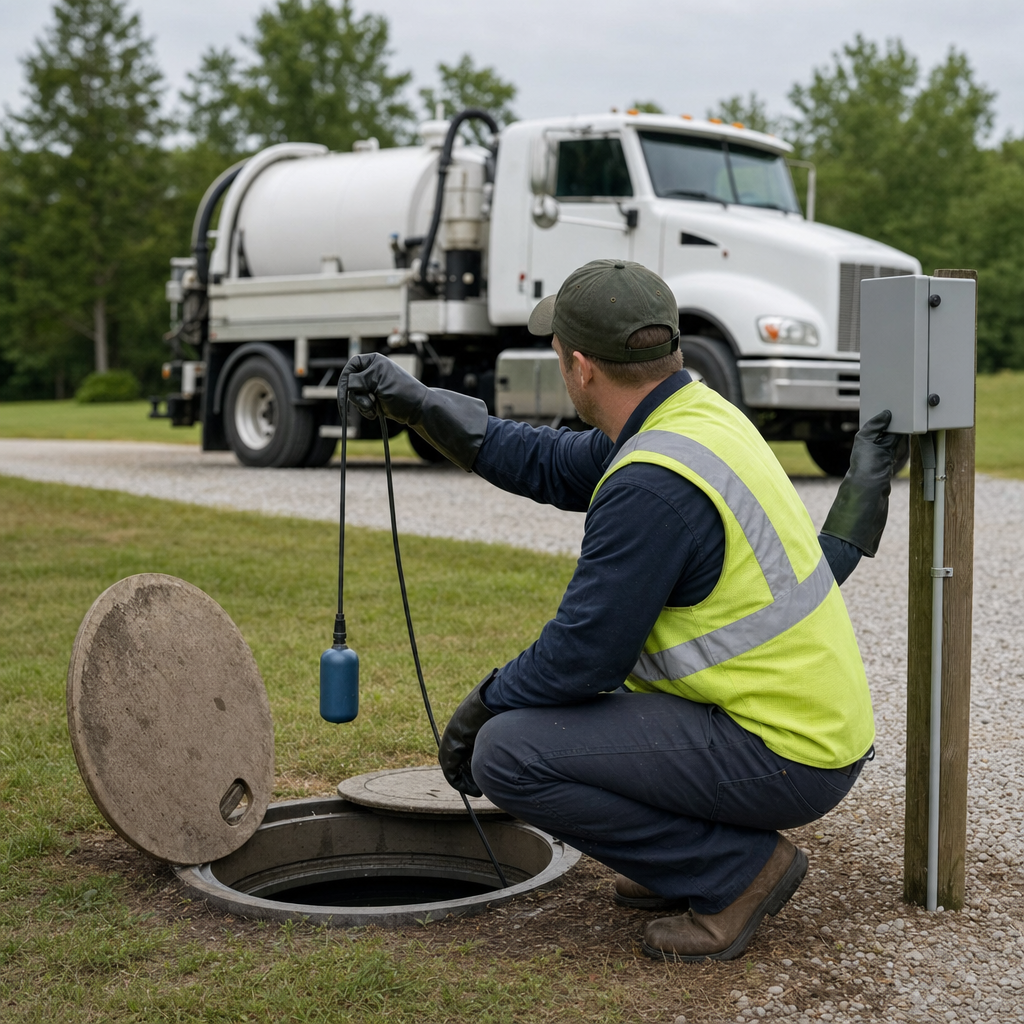 A septic technician in a high-visibility vest checking a high-level float switch and alarm panel on a holding tank at a rural Cicero-area site