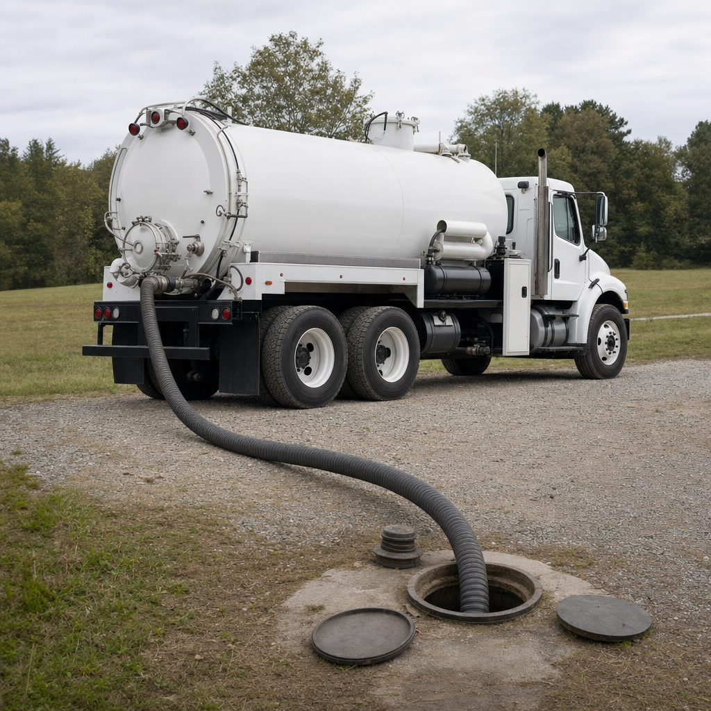 An unmarked white vacuum truck emptying a wastewater holding tank on a scheduled visit at a rural Cicero-area property, thick suction hose running to the tank lid