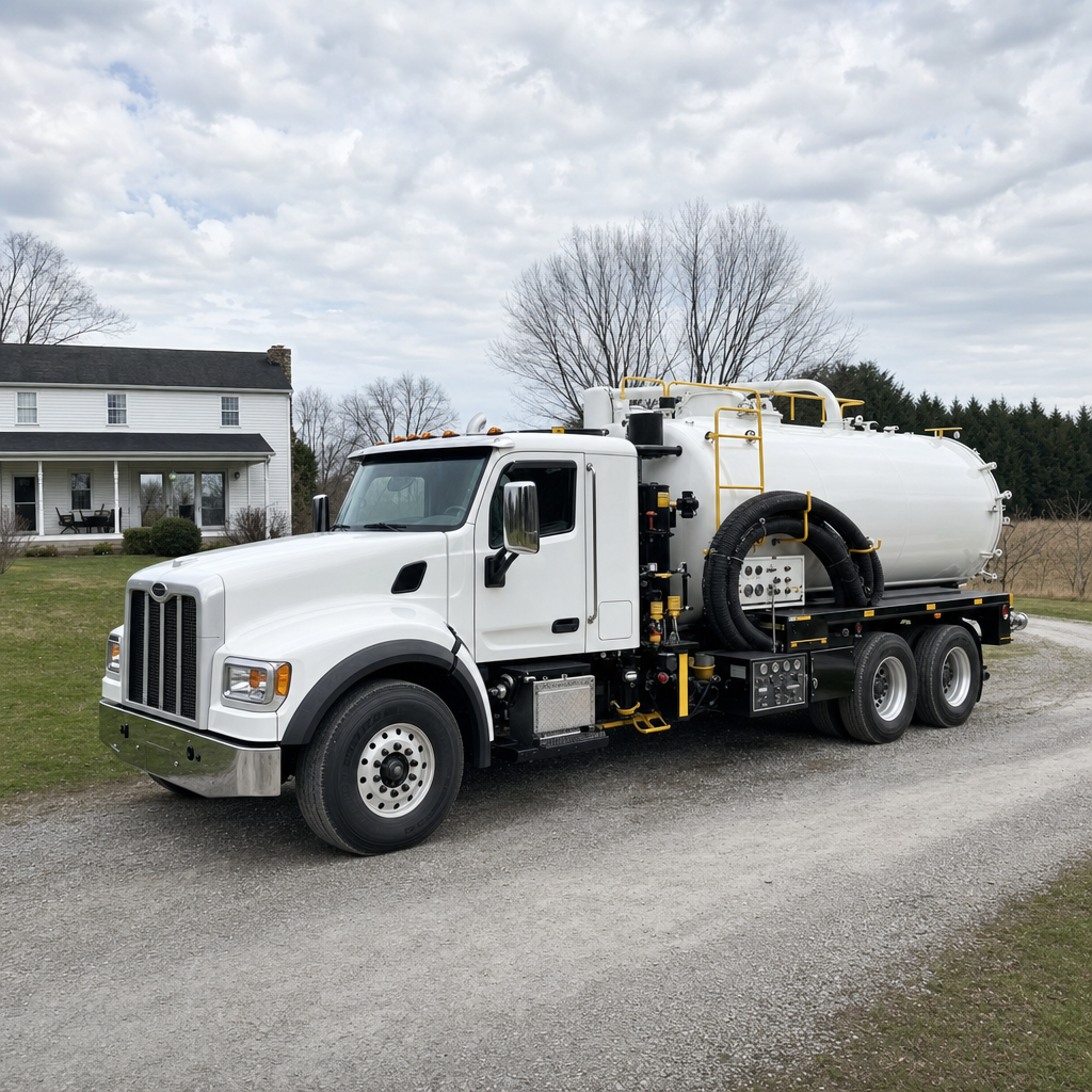 A clean white septic vacuum truck parked on a tidy Cicero driveway with the suction hose neatly coiled