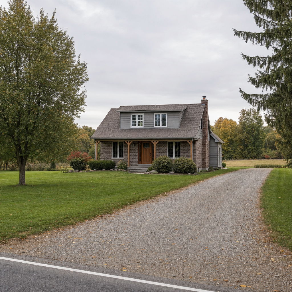 A calm single-family home exterior on a quiet Cicero street, representing the household size and daily water use that decides how often a septic tank needs pumping