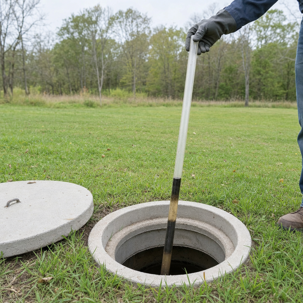 A septic sludge-judge measuring stick lowered into an open Cicero septic tank to read the depth of the sludge and scum layers before deciding whether a pump-out is due