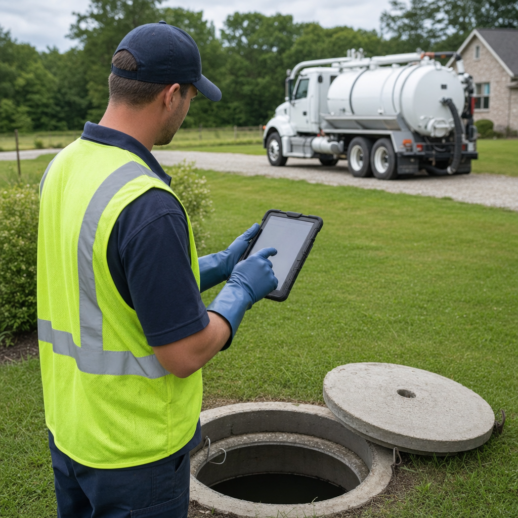 A septic technician recording a Cicero home's pump-out date and tank condition on a tablet beside an open access lid, tracking the service history that sets the next due date