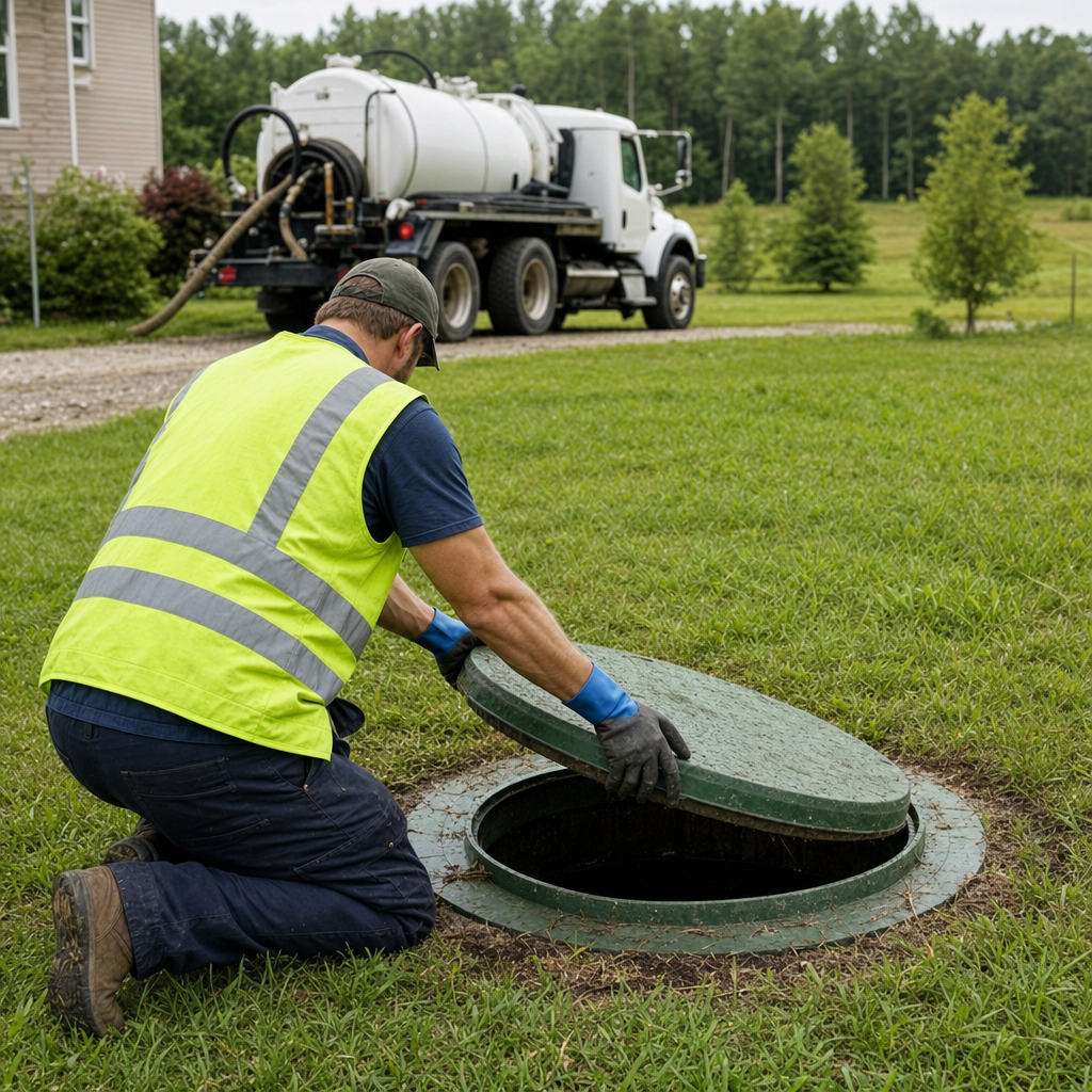 Septic technician kneeling on a Cicero lawn, lifting the access lid on a residential septic tank