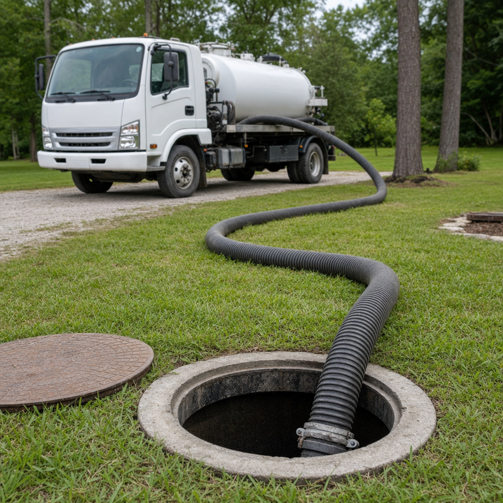 Thick ribbed suction hose lowered into a clean open septic tank port on a tidy Cicero backyard lawn