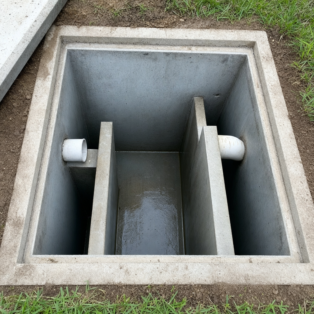 Inspection of the concrete baffles inside an open, emptied and freshly cleaned Cicero septic tank
