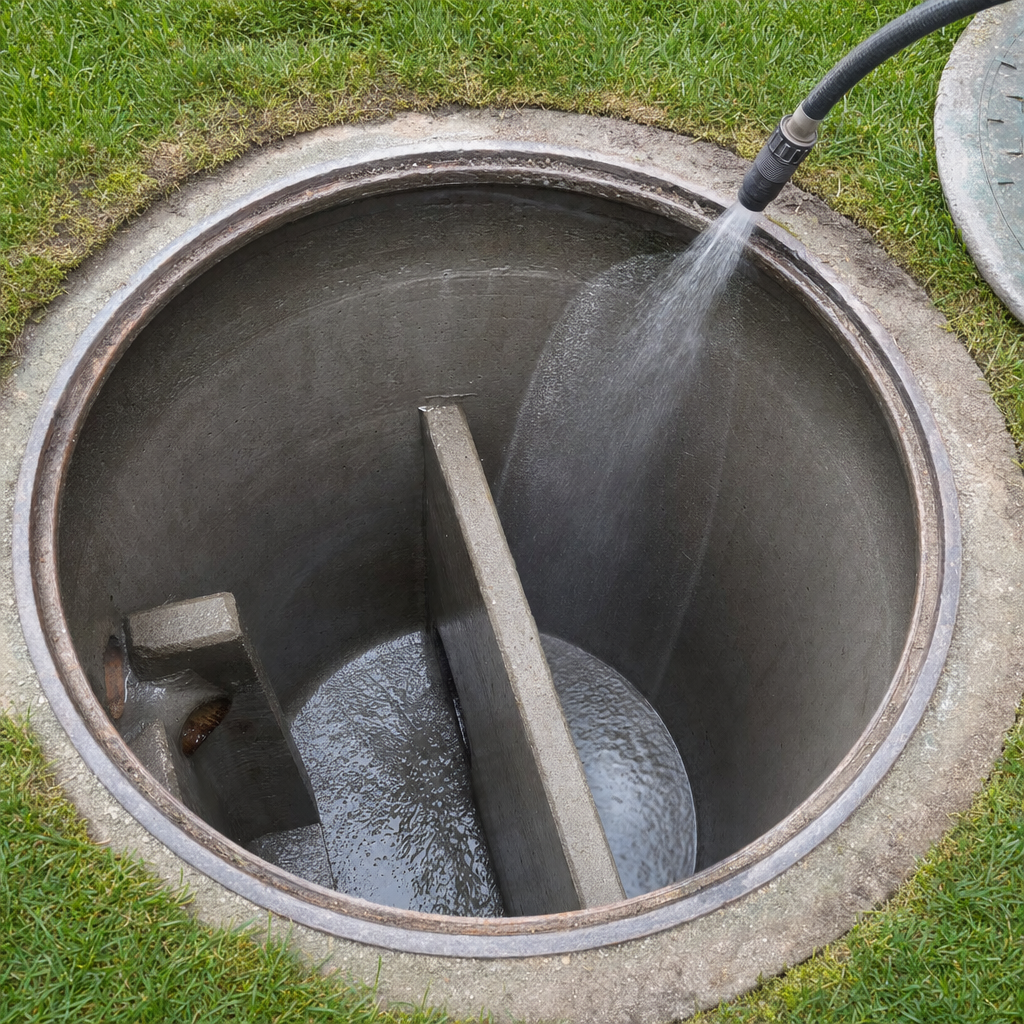 Interior concrete walls of an emptied Cicero septic tank being rinsed clean with the truck's onboard water hose