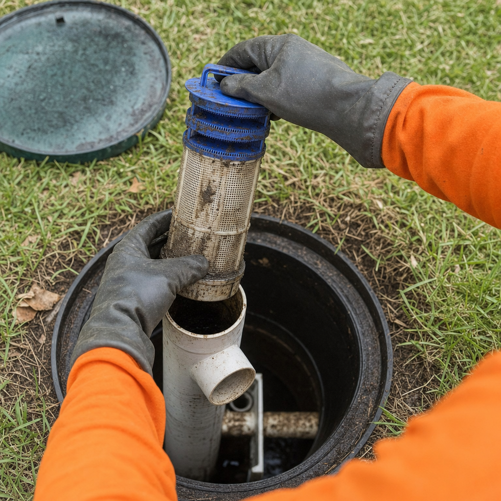 Septic technician's gloved hands lifting the effluent filter cartridge out of the outlet housing on a Cicero septic tank