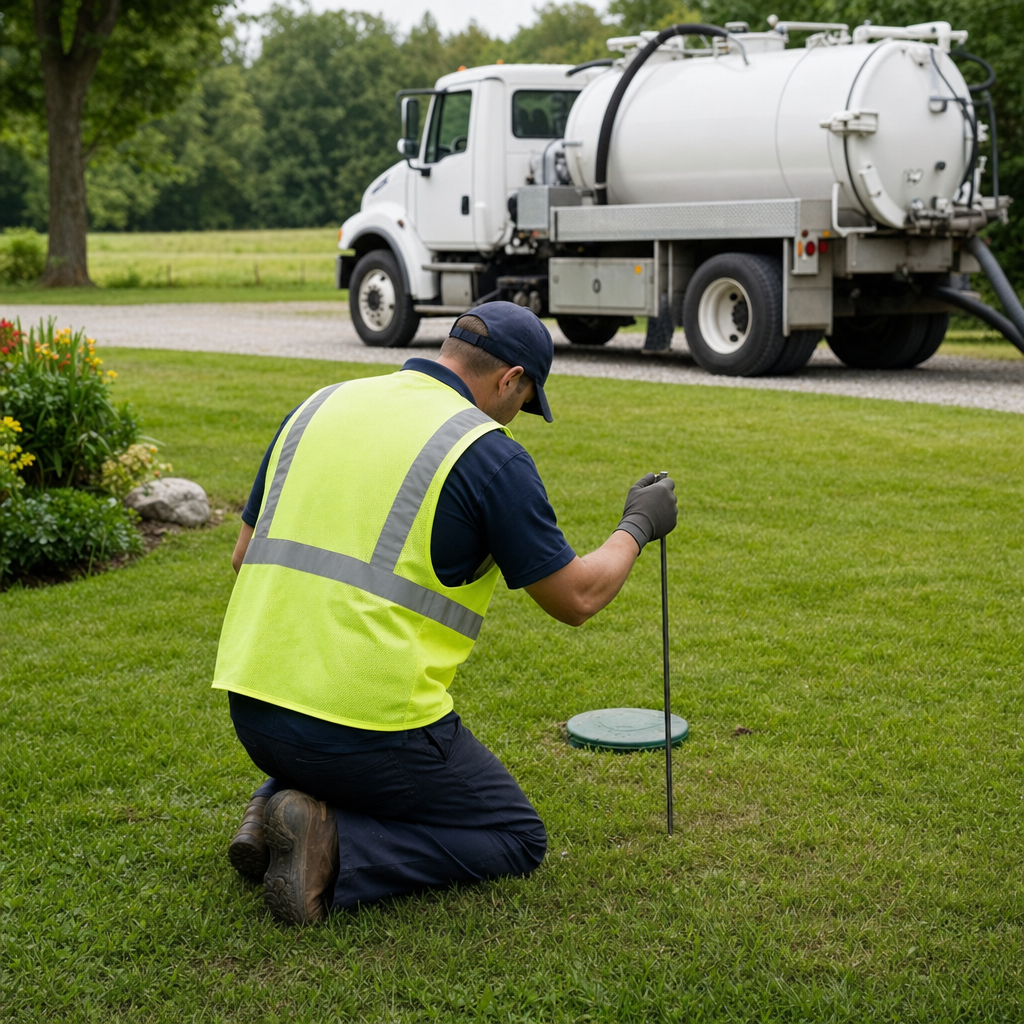 Septic technician kneeling on a Cicero lawn, probing to locate and measure the depth of a buried septic tank lid before pumping