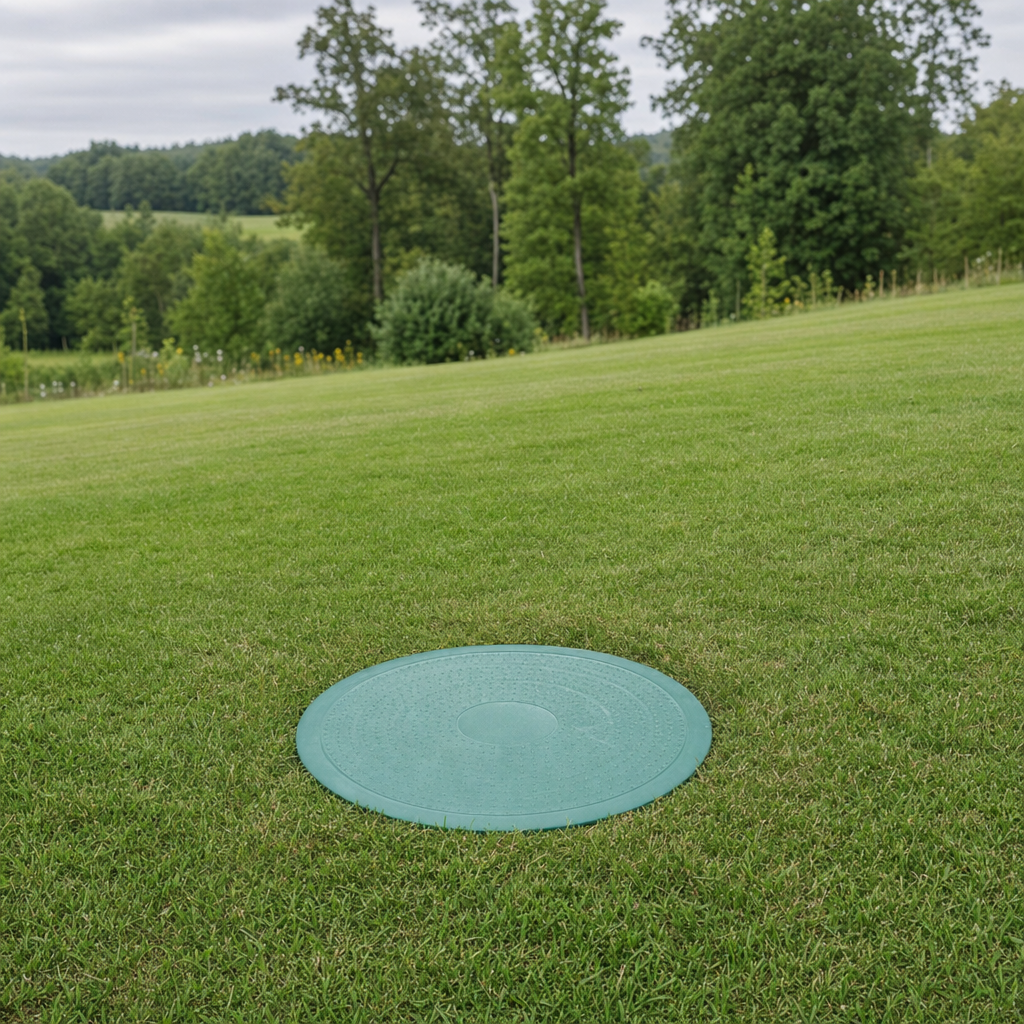 A newly installed septic riser bringing the tank lid up flush to grade in a Cicero yard for easy future access
