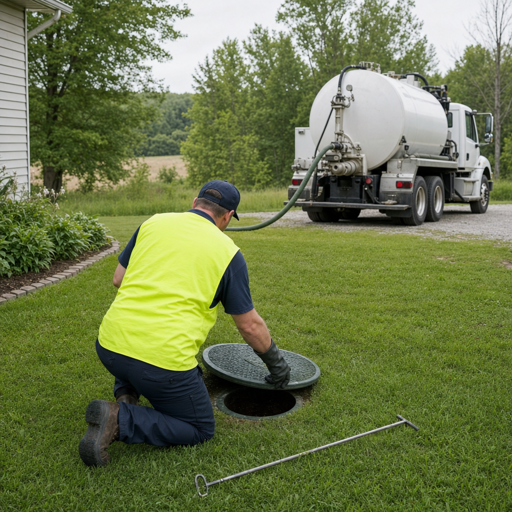 Septic technician kneeling on a Cicero lawn, lifting the buried access lid on a residential septic tank