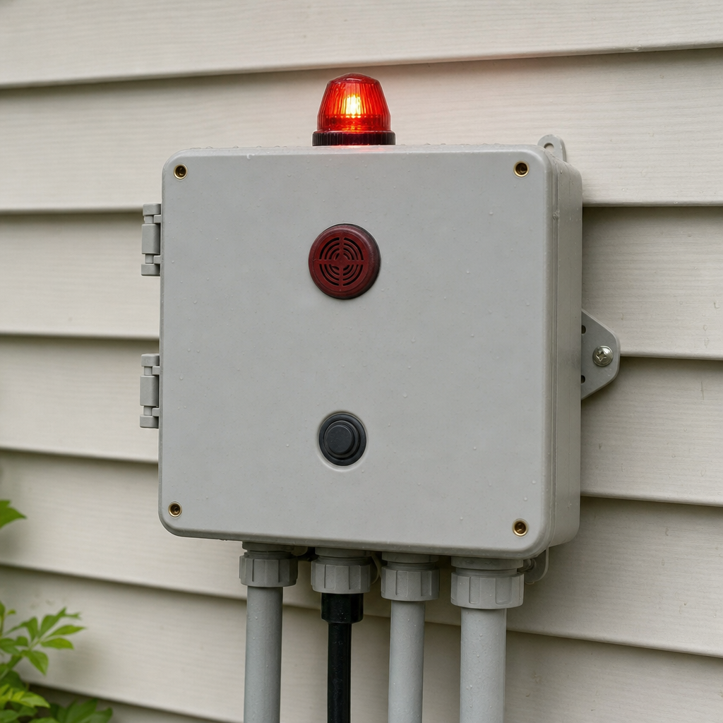 An aerobic septic system control panel mounted outside a Cicero home with its red high-water alarm light lit