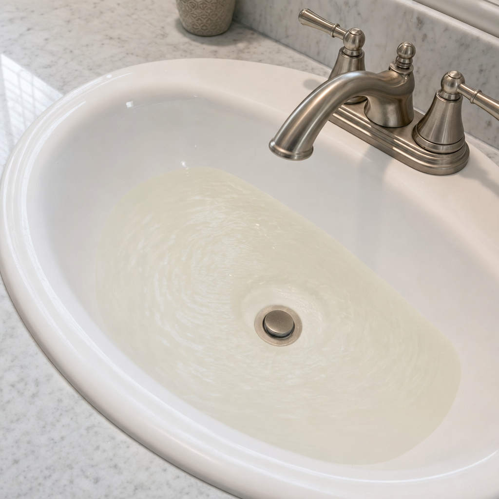 A bathroom sink draining slowly with water pooled in the basin, an early warning sign that a Cicero septic tank is full